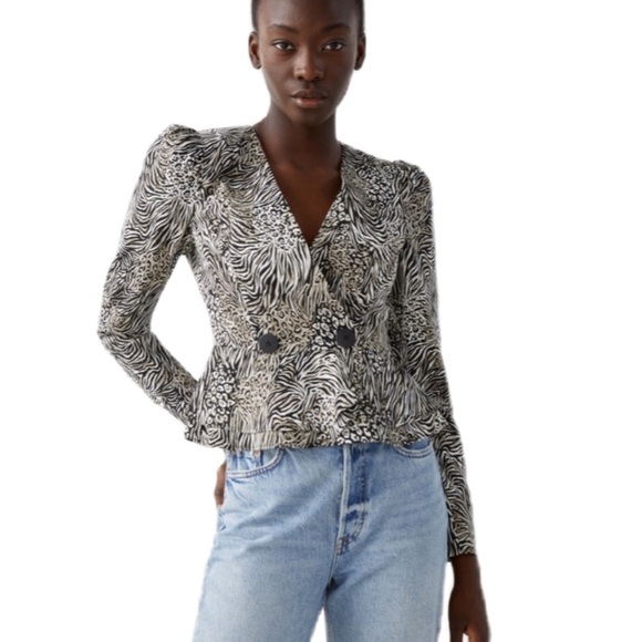 & Other‎ Stories Peplum Blouse Linen Lyocell Blend Size 0 Animal Print Fit Flare - Picture 1 of 17